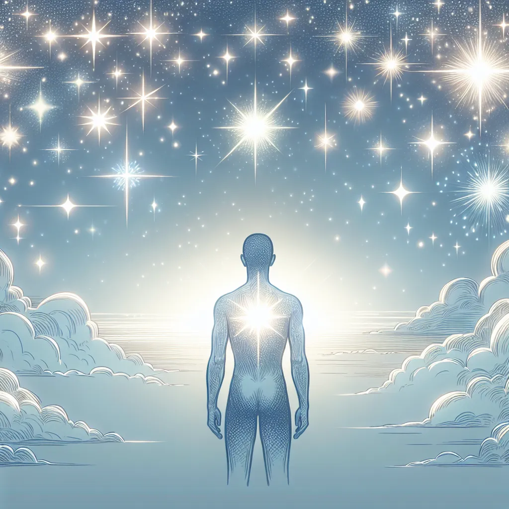 Create a whimsical, attention-grabbing illustration of an Asian male figure gazing upward towards a sky filled with stars. Each star uniquely glimmers, showcasing its individual luminosity. The figure's body emits a soft aura, symbolizing his inner light. The setting conveys a sense of serene solitude and tranquil peace. The overall scene captures the sentiment of inner reflection under a starlit sky.