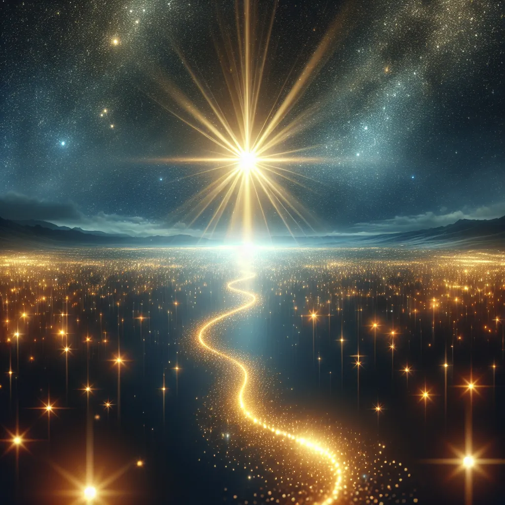 Visualize a tranquil and sparkling night sky, filled with myriad tiny points of light, except for one exceptional star that shines bigger and more luminous than the rest. The radiance from this grand star is soft and inviting, with beams of mellow light emanating from it. From the bottom of the scene, a glowing, meandering pathway beckons, inviting one to embark on a journey towards this captivating celestial object, symbolizing an expedition towards hope and faith. This route should exude a welcoming and secure vibe, implying a symbiotic relationship with the star. The overall ambiance should emanate feelings of calmness, motivation, and liberation.