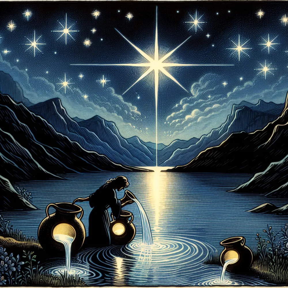 Create an image of 'The Star' tarot card providing a serene view of a nighttime landscape with a bright star shining brightly in a clear, dark sky. This scene encompasses a peaceful body of water where a figure, representing hope and rebirth, is kneeling by the shoreline, elegantly pouring water from two vessels. One vessel nurtures the earth while the other refills the body of water. Stars high above are twinkling gently, casting a comforting glow that mirrors the harmony of nature and the boundless opportunities of the future. Integrate the mystical elements with the historic symbolism of tarot cards.