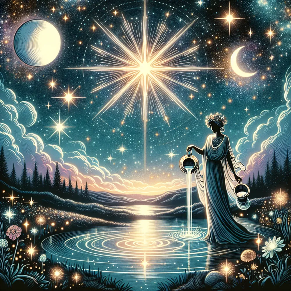 Create an ethereal and serene scene depicting The Star tarot card. Illustrate a tranquil night sky filled with sparkling stars, with a radiant and guiding central star. Below, a tranquil landscape with a calm pond reflecting the starlight. Include a symbolic figure resembling a goddess, gracefully pouring water from two vessels, one onto the land and the other into the pond, representing balance and hope. Capture a sense of renewal and cosmic harmony, reflecting the card's theme of inspiration and spiritual clarity.