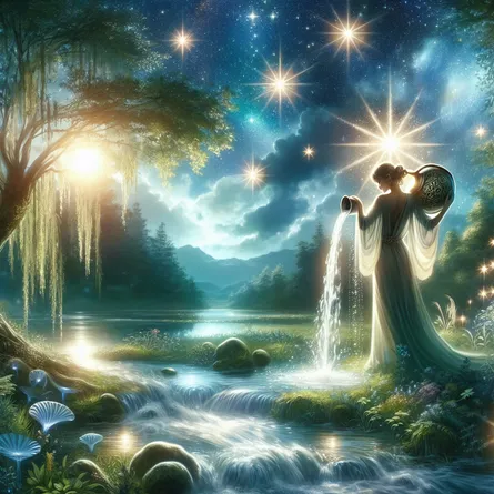 Create an ethereal scene of The Star tarot card featuring a serene night sky filled with shimmering stars. In the foreground, a graceful figure stands beside a flowing stream, pouring water from two vessels—one into the stream and the other onto the land, symbolizing harmony and healing. Surrounding the figure, lush greenery reflects the essence of renewal and hope. The setting is tranquil and radiant, imbued with a mystical glow that embodies a sense of infinite possibilities and inspiration.