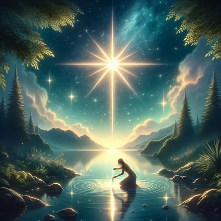 Create a serene and mystical tarot card illustration of 'The Star'. The scene features a radiant star shining brightly in a tranquil night sky, casting its light over a calm body of water. A serene figure is kneeling by the water’s edge, pouring water symbolically signifying renewal and hope. The setting includes lush greenery and distant mountains under the starry expanse, evoking a sense of peace and inspiration. The image captures the essence of hope, guidance, and spiritual connection, using ethereal lighting and harmonious colors.