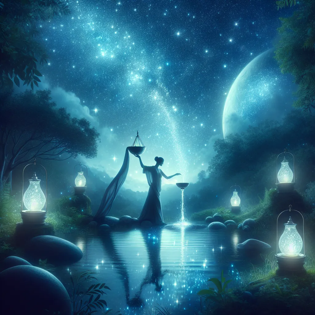 An ethereal scene under a night sky filled with shimmering stars. A serene figure stands by a tranquil pool of water, gracefully pouring two vessels symbolizing balance and renewal. The stars cast a gentle luminescence on the water, creating an ambiance of hope and tranquility. The setting is peaceful, with elements of nature, like lush greenery, surrounding the scene to evoke a sense of harmony and inspiration.