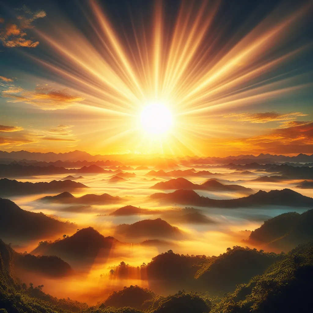A radiant sun rising in a clear sky, emanating a bright, glow. These spreading rays instill a warmth that breathes life to the restful, lush landscape below. An awakening of vibrant colors mark the onset of a new day across the terrain, resulting in a captivating milieu of joy and enlightenment. The atmosphere is rich in positive energy, symbolizing a powerful sense of illumination sweeping across the region.
