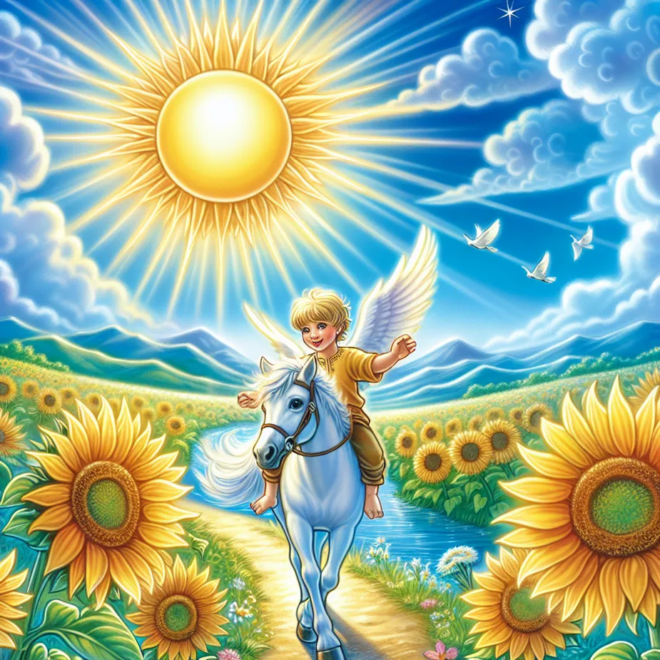Create a vibrant and joyful scene illustrating The Sun tarot card. Depict a radiant sun shining brightly in a clear blue sky, casting a warm and illuminating glow over the landscape. Include a playful child riding a white horse through a field of sunflowers, symbolizing hope, positivity, and new beginnings. The scene should evoke feelings of happiness and vitality, capturing the essence of optimism and the brilliance of life’s possibilities.