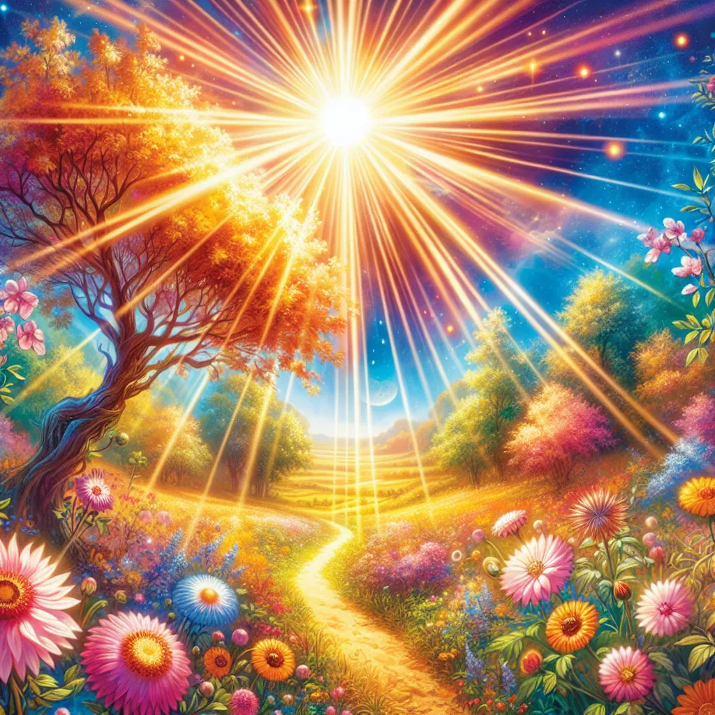 Create an image of a radiant sun shining over a lush, vibrant landscape. Include vivid rays of light illuminating fields of blooming flowers and an open path leading toward the horizon. The scene should evoke feelings of warmth, joy, and enlightenment, capturing the essence of vitality and authenticity often associated with The Sun card in tarot.