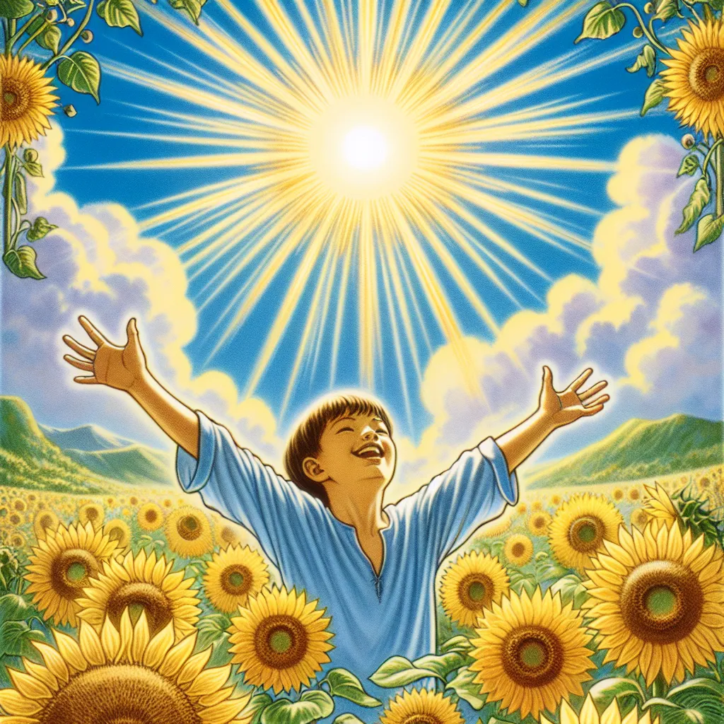 Create an image of a radiant sun shining brightly in a clear blue sky, casting golden light over a joyful and lush landscape. Include a young child with arms outstretched, playing in a field of sunflowers. The child should be of Asian descent and displaying of absolute joy. The scene should embody warmth, vitality, and happiness, evoking feelings of clarity and enlightenment in a classical tarot style.