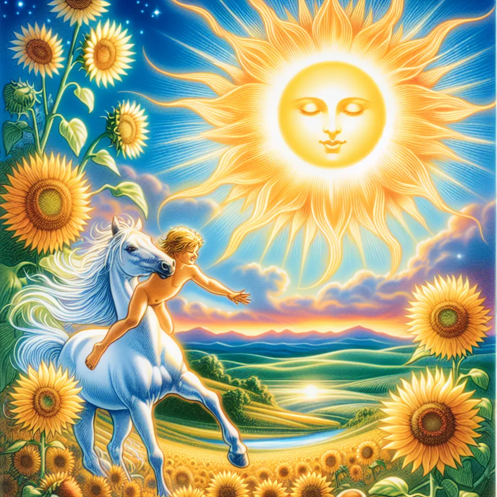 A radiant and glowing sun set in a clear blue sky, symbolizing joy and enlightenment. Below, a vibrant landscape with fields of sunflowers stretching towards the sun. A joyful child playing with a white horse under the sunlight, embodying the themes of success, positivity, and clarity. The scene conveys warmth and harmony, with an emphasis on vivid colors and natural beauty, inspired by classical tarot imagery.