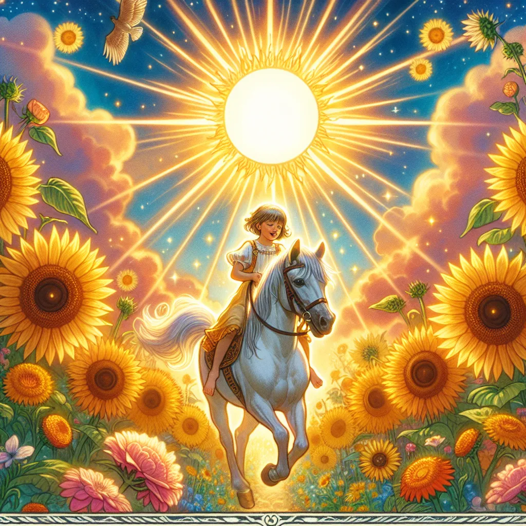 Create an image of a radiant and uplifting tarot card depicting 'The Sun.' The scene should feature a glowing, bright sun centered in the sky, casting warm golden rays over a vibrant and joyful landscape. Include a Caucasian child riding a white horse, symbolizing innocence and freedom, surrounded by vibrant sunflowers that represent growth and positivity. The mood should be bright, optimistic, and evoke a sense of clarity and success.