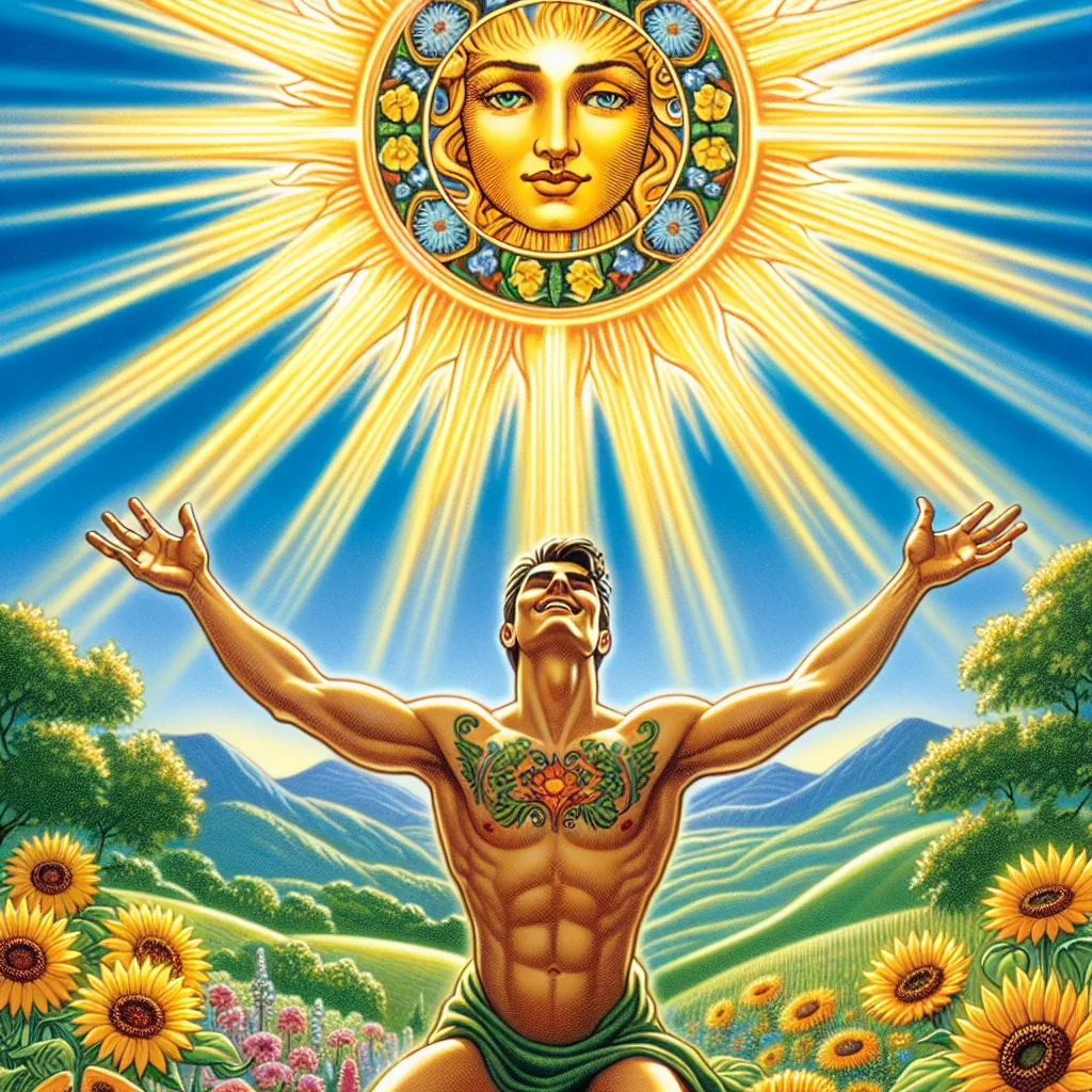 Create a vibrant and mystical image of a radiant sun casting golden rays across a lush landscape. In the foreground, place a joyful Hispanic male figure basking in the sunlight with arms open, symbolizing vitality and clarity. The background should feature blooming sunflowers and a clear blue sky, evoking a sense of warmth and celebration, typical of the tarot card: The Sun.