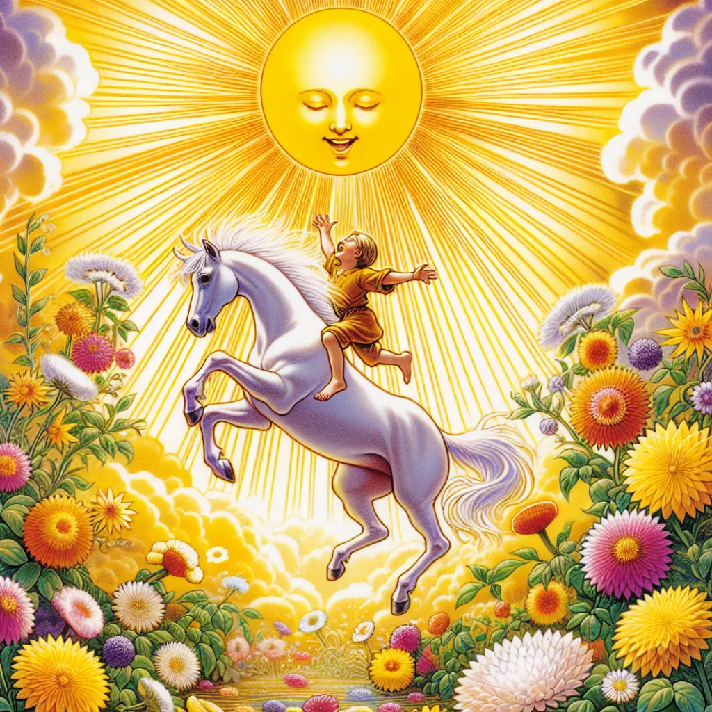 A vibrant, uplifting scene of a child joyfully riding a white horse under a radiant, golden sun. The sun's rays illuminate a lush, blooming landscape adorned with colorful flowers, symbolizing growth and vitality. This image should evoke feelings of joy, clarity, and enlightenment, capturing the essence of optimism and renewal associated with The Sun tarot card.
