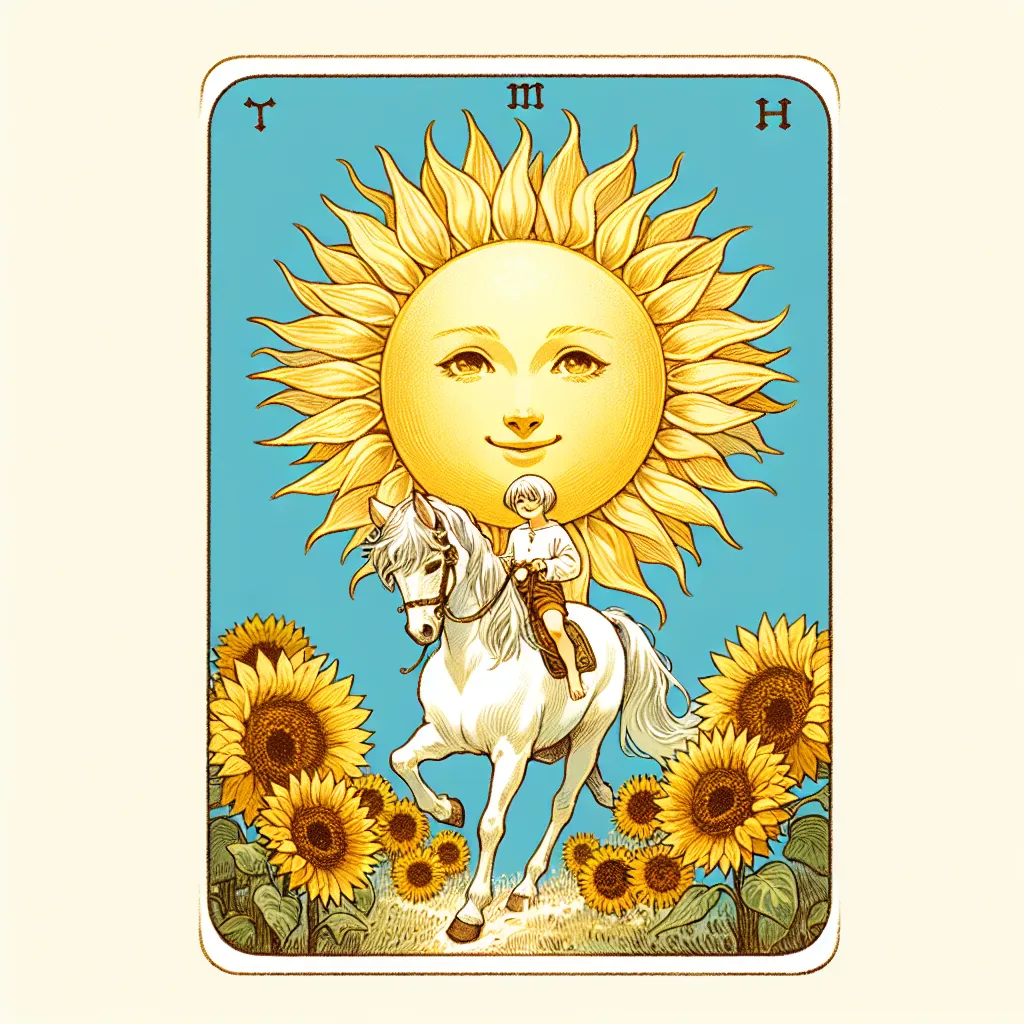 Illustration of The Sun tarot card, featuring a radiant sun shining brightly in a clear blue sky. The foreground displays a cheerful child riding a white horse, symbolizing innocence and joy. Sunflowers surround the scene, adding warmth and vitality. The art style should be a blend of classical tarot imagery with a touch of impressionistic painting, capturing a sense of optimism and enlightenment.