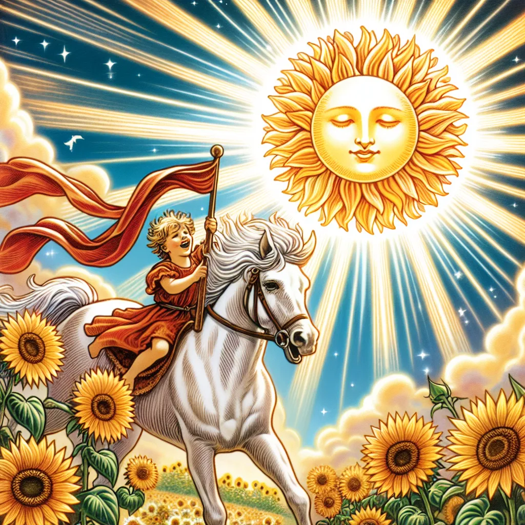 Create an illustration of a radiant Sun tarot card scene. In the foreground, a joyful child rides a white horse, symbolizing innocence and freedom. The child holds a flowing red banner, suggesting vitality and triumph. In the background, a vibrant, golden sun shines brilliantly, casting warm, enveloping light. Sunflowers bloom abundantly under the sun’s nurturing rays, representing growth and optimism. The scene exudes a sense of positivity, clarity, and enlightenment with a harmonious blend of colors reflecting a bright and hopeful day.