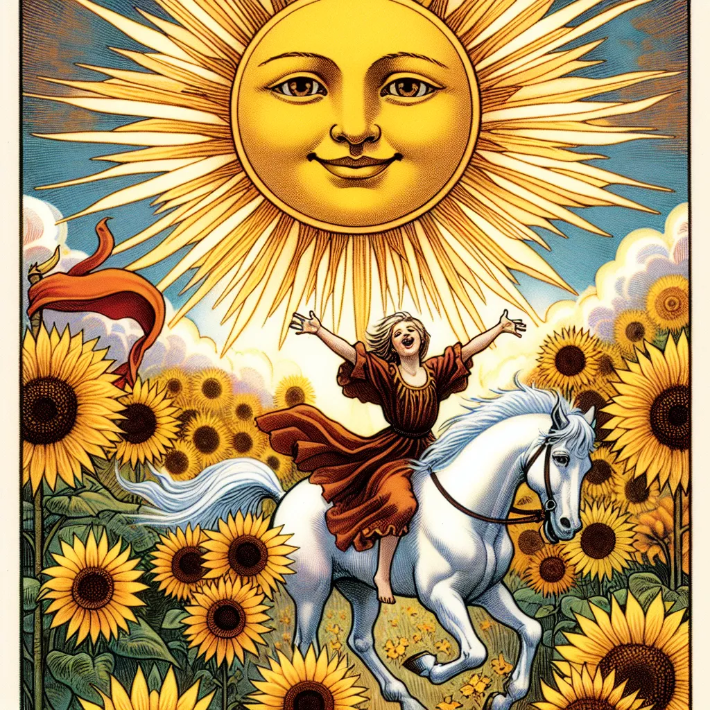 Create an image of the classic tarot card 'The Sun,' featuring a radiant sun with a bright, smiling face at the center of the sky. Beneath it, a joyful child rides a white horse through a vibrant sunflower field. The child's arms are spread wide, exuding happiness and freedom, while a flowing red banner flutters behind. The scene is bathed in warm, golden light, evoking a sense of vitality, clarity, and joy.