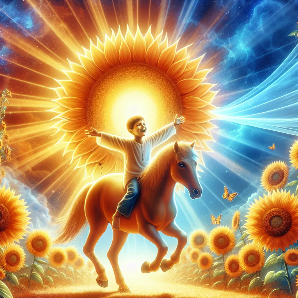 Create a vivid and radiant scene depicting a joyful child on horseback beneath a glowing sun. The setting should be bright and open, symbolizing enlightenment and positivity. The child, with outstretched arms, is surrounded by vibrant sunflowers and a clear blue sky, embodying a sense of joy, success, and clarity. The image conveys warmth, optimism, and the power of enlightenment.