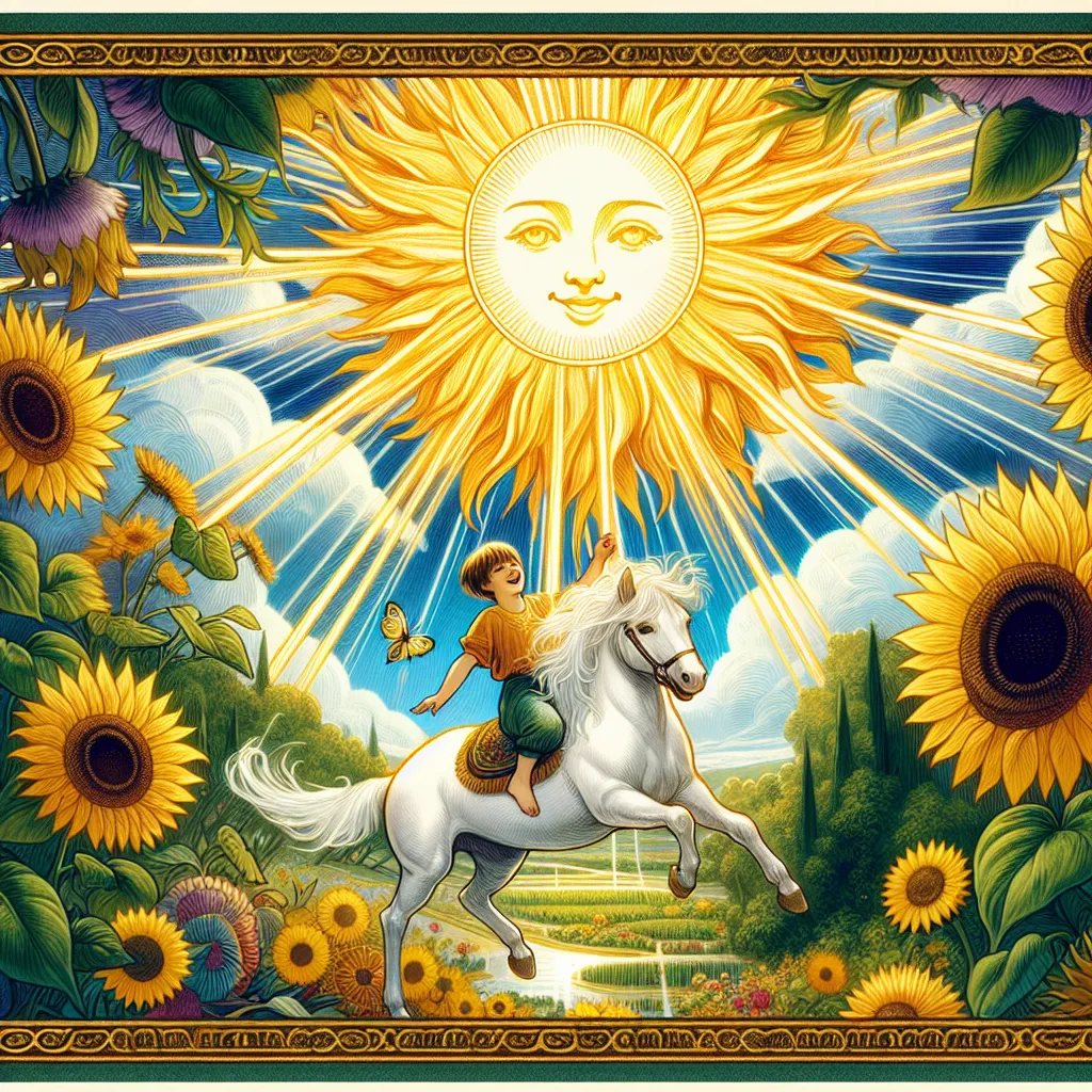 Create an illustration of 'The Sun' tarot card featuring a bright, radiant sun casting golden rays over a lush, vibrant landscape. In the foreground, a joyful child rides a white horse, representing innocence and success. Surrounding the scene are sunflowers symbolizing growth and positivity. The style should be classical and mystical, with vivid colors conveying warmth and harmony.
