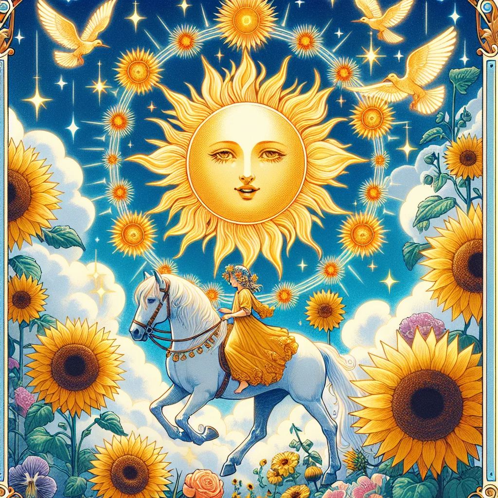 Create a mystical and vibrant illustration of The Sun tarot card. Depict a radiant, golden sun shining in a blue sky, surrounded by sunflowers and a joyful child riding a white horse. The scene should exude warmth, joy, and optimism, capturing the essence of illumination and celebration. Include classical tarot card elements such as ornate borders and symbolic details, in a style reminiscent of traditional tarot decks.