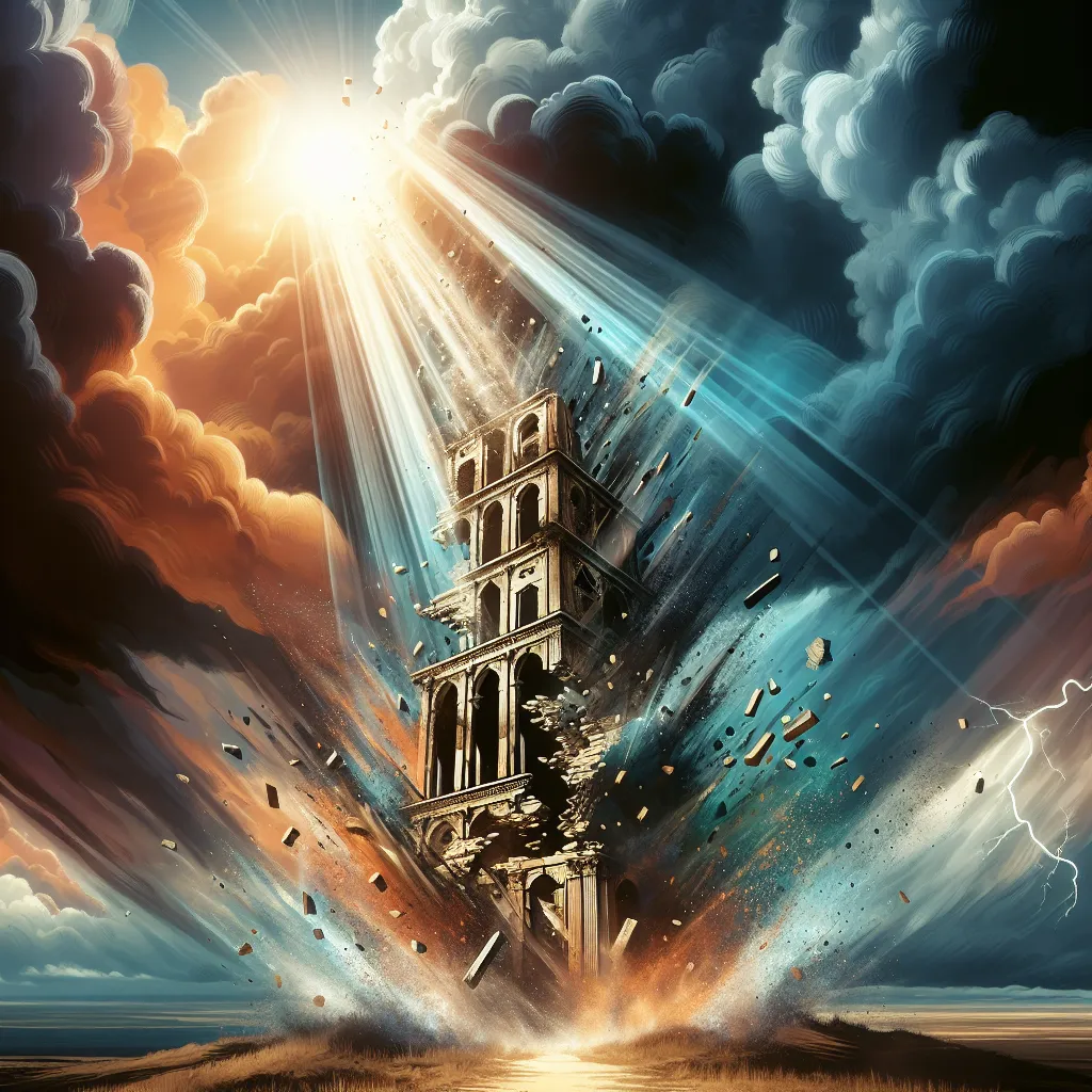 A vivid and dramatic transformation represented by the collapsing tower against a stormy sky, emphasizing the energy of disruptive change, but with rays of sunlight piercing through, hinting at resilience, potential for growth and the opportunity to rebuild stronger. The tower should be depicted as an ancient, ornate structure filled with metaphoric symbols of outdated beliefs or constructs, and the imminent sunlight should illuminate a path symbolizing better days ahead, thus encapsulating the essence of The Tower tarot card.