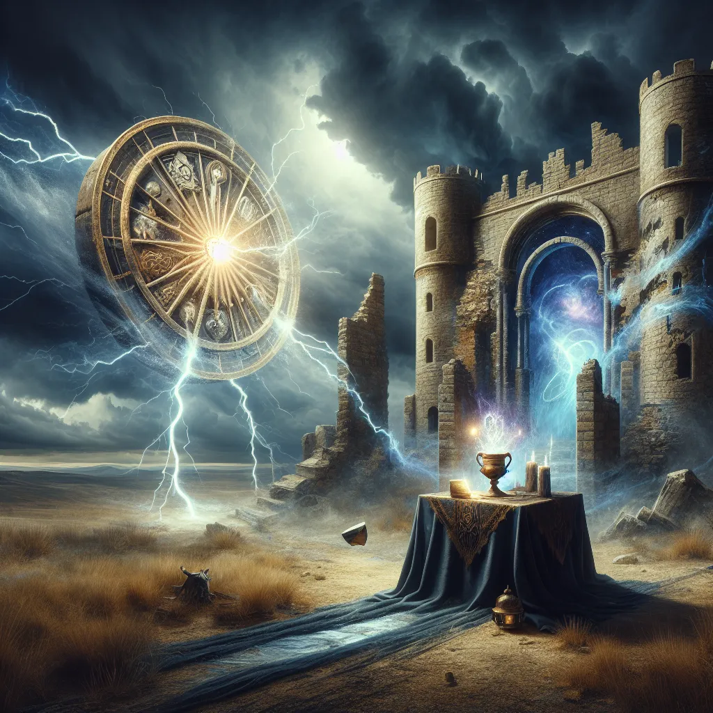 Imagine a scene where a medieval tower is being struck by lightning under a stormy sky, signifying impending transformation. The tower's structure is disintegrating, indicating unstable conditions. Nearby, there's a richly adorned table holding a chalice brimming with water, representing the awakening of deep-seated emotions. In the distance, a wheel glowing with mystic energy hovers magnificently against the desolate backdrop, representing the reinventing cycle of life. This tableau is painted with a dark, dramatic palette to enhance the mysterious and evocative mood.