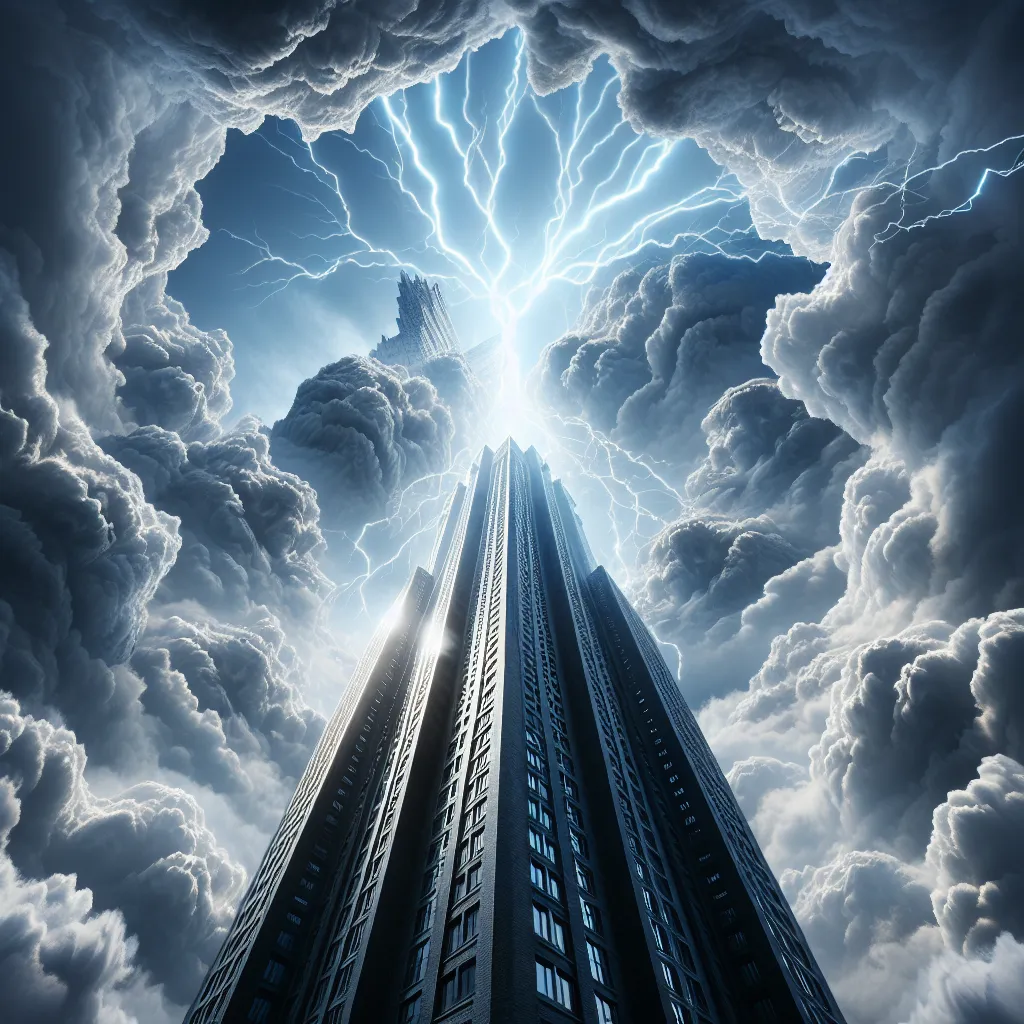A towering edifice, rising high in the sky, stands against a backdrop of churning, tempestuous clouds. The moment captures a bolt of lightning as it strikes the structure, causing fracturing lines to race across its surface. The image radiates with the energy, signifying impending tumultuous change and metamorphosis.