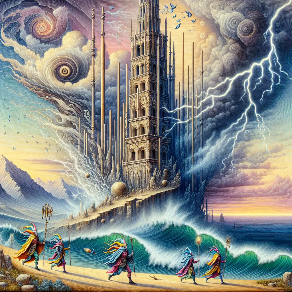 Craft an illustration of a striking, lofty tower standing unyieldingly against the turmoil of a tempestuous environment, with lightning crashing upon it. The tower exhibits signs of decay, embodying the concepts of modification and metamorphosis. To the fore of the vista, a gleeful jester donned in vibrant garments, carrying a tiny pouch initiates his expedition away from the uproar. Further along towards the depth of the painting, behind the majestic tower, exhibit a quartet of rods interlaced in a celebratory manner, embodying the transition from disorder to equilibrium.