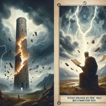 Create an image of The Tower tarot card, featuring a tall, ancient stone tower being struck by a lightning bolt amidst a stormy sky. Fragments of the tower are falling, symbolizing chaos and upheaval. In the foreground, incorporate elements of stoic philosophy, such as a serene figure observing calmly or a scroll with Stoic teachings like 'What stands in the way becomes the way.' The mood should be dramatic yet introspective, emphasizing transformation and resilience.