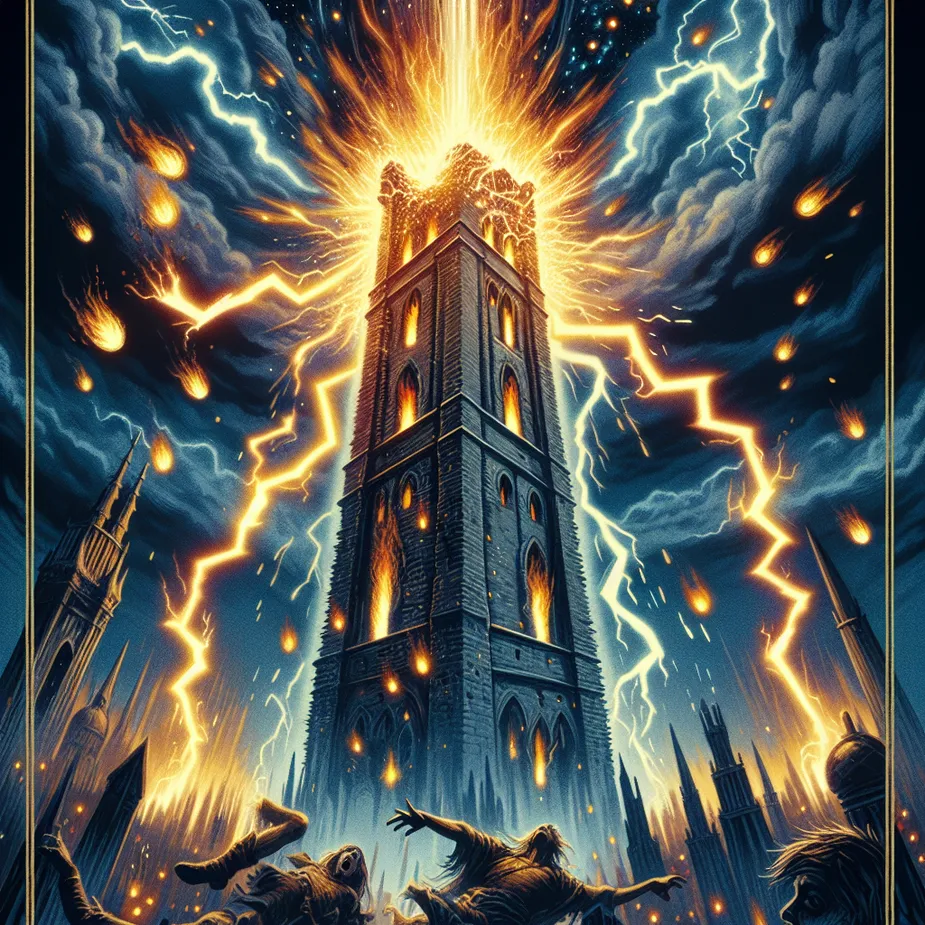 A dramatic illustration of The Tower tarot card. Show a tall, ancient stone tower struck by a bolt of lightning, with bright flames engulfing its upper structure. People are seen falling from the tower, expressing shock and urgency. The scene is set at night, with a stormy sky full of dark clouds and electric energy. The image combines elements of chaos and transformation, capturing the moment of sudden upheaval in a mystical and symbolic style.