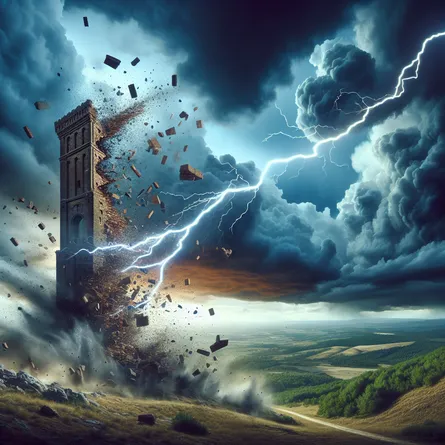 Create a dramatic and vivid depiction of a tower struck by lightning under a stormy sky. The tower should symbolize sudden upheaval with fragments and bricks mid-air, illustrating disarray and chaos. Include dark storm clouds swirling around, and flashes of light illuminating the scene. The landscape around is rugged, with occasional patches of green. The overall atmosphere should evoke feelings of sudden change and transformation.
