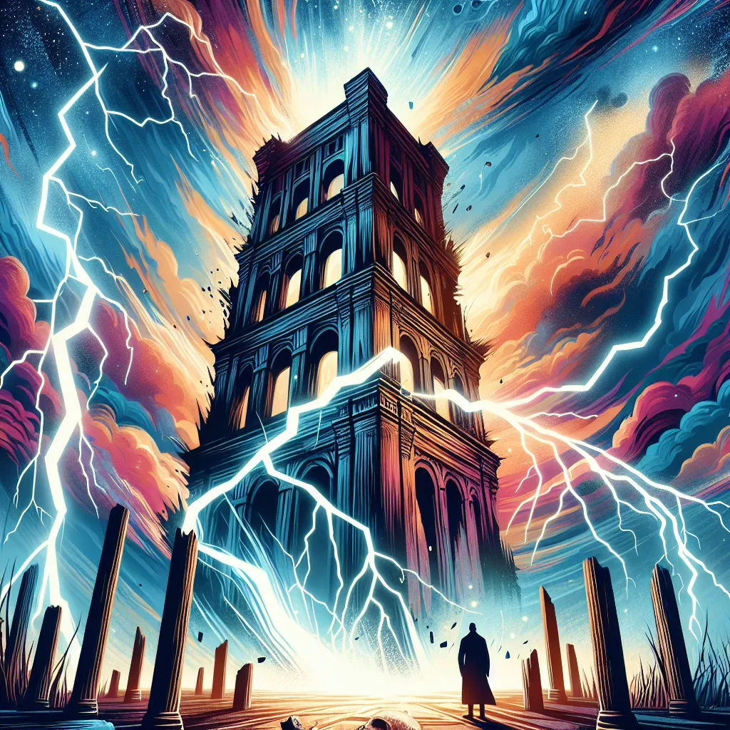 Create a dramatic and vivid illustration of the tarot card The Tower. Depict a towering structure being struck by lightning amidst a stormy sky, symbolizing sudden upheaval and transformation. The tower should appear majestic yet fragile, with cracks appearing as pieces crumble. In the foreground, include a silhouette of a person standing calmly amidst the chaos, representing resilience and acceptance. Capture a sense of both destruction and rebirth, with vibrant and contrasting colors to emphasize the contrast between chaos and calm.