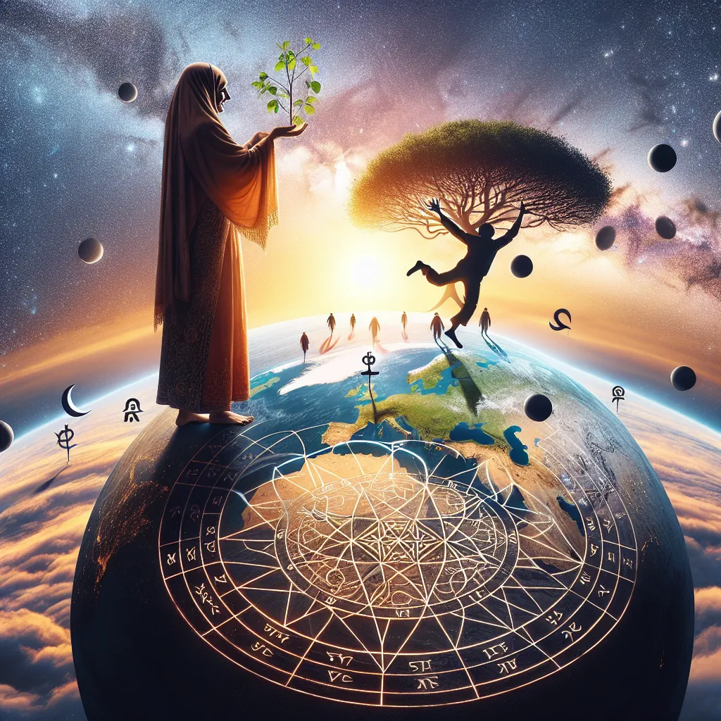 Create an image of a Middle-Eastern woman standing barefoot atop a spherical object symbolizing Earth, watching a radiant sunset. In her hands are seeds of a tree, ready to be planted. Embedded across this sphere is a path of pentacles, and an anonymous silhouetted figure is joyfully jumping from one pentacle to another. This figure personifies the character known as 'The Fool', each pentacle marking a step on his metaphorical journey. The backdrop is the cosmically majestic universe, creating the illusion that this woman carries the entire globe beneath her feet.