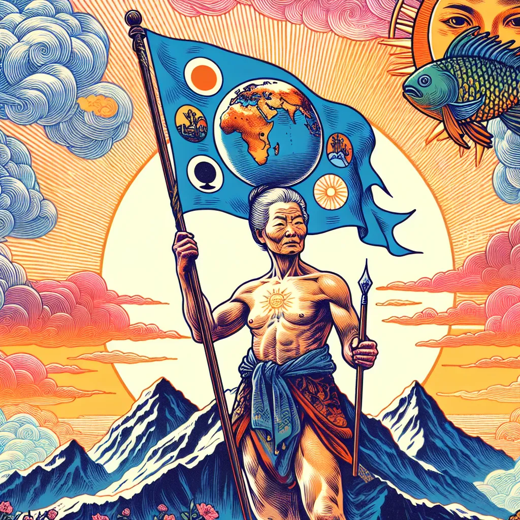 A detailed and vibrant illustration of an experienced, Asian woman proudly standing at the peak of a mountain, her physique evident of strength and endurance. In her possession, a flag adorned with The World Tarot card billows in the wind. Unique to this scene, a crisp and detailed world globe splendidly replaces the typical sun in the backdrop. As a nod to the Knight of Wands, she confidently holds a wand in her other hand. Above, nestled amidst a cloud shaped like a cup, a multi-colored fish swims, signifying the Page of Cups. The setting time is dawn, a token of fresh starts, with the sky painted in hues of oranges and pinks against the mountain's silhouette.