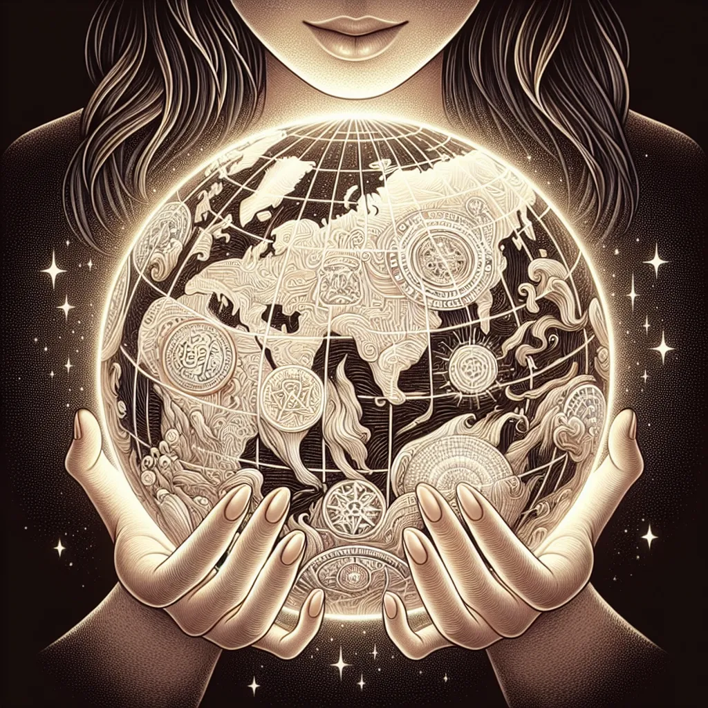 Illustrate a detailed image of a person cradling a globe in their hands. The globe is unique, decorated with countless subtle tarot symbols intertwined within the design of its continents and oceans. The holder, an Asian female, treats it with a delicate and gentle touch, symbolizing her careful hold on the intricate world in her palms. The globe radiates a soft and inspiring light which floods the entire image, bringing about a serene atmosphere and the sense of fulfilment.