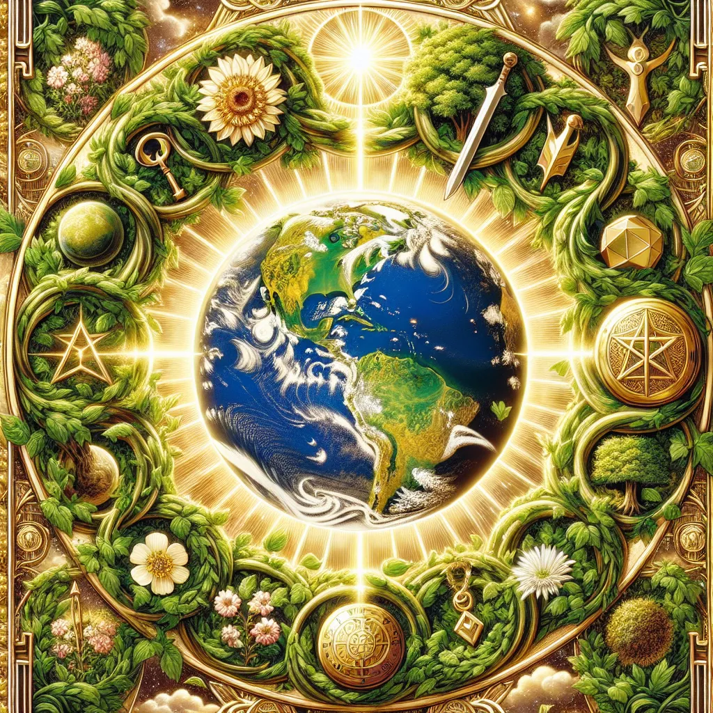 Visualize a glorious, luminous, golden tarot card named The World. This card portrays a peaceful earth gently levitating in the vast expanse of the universe, encircled by verdant, flourishing greenery woven with representations of the circle of life - a budding flower symbolizing beginnings, a fully-grown tree indicating maturity, and a resilient, weathered stone representing endings and fresh starts. Hovering around this encompassing ring, let there be depictions of the four emblems of the tarot suits: a chalice, a pentacle, a blade, and a magical staff. The entire scenario should radiate sentiments of accomplishment, tranquility, and the perpetual, revolving rhythm of existence.