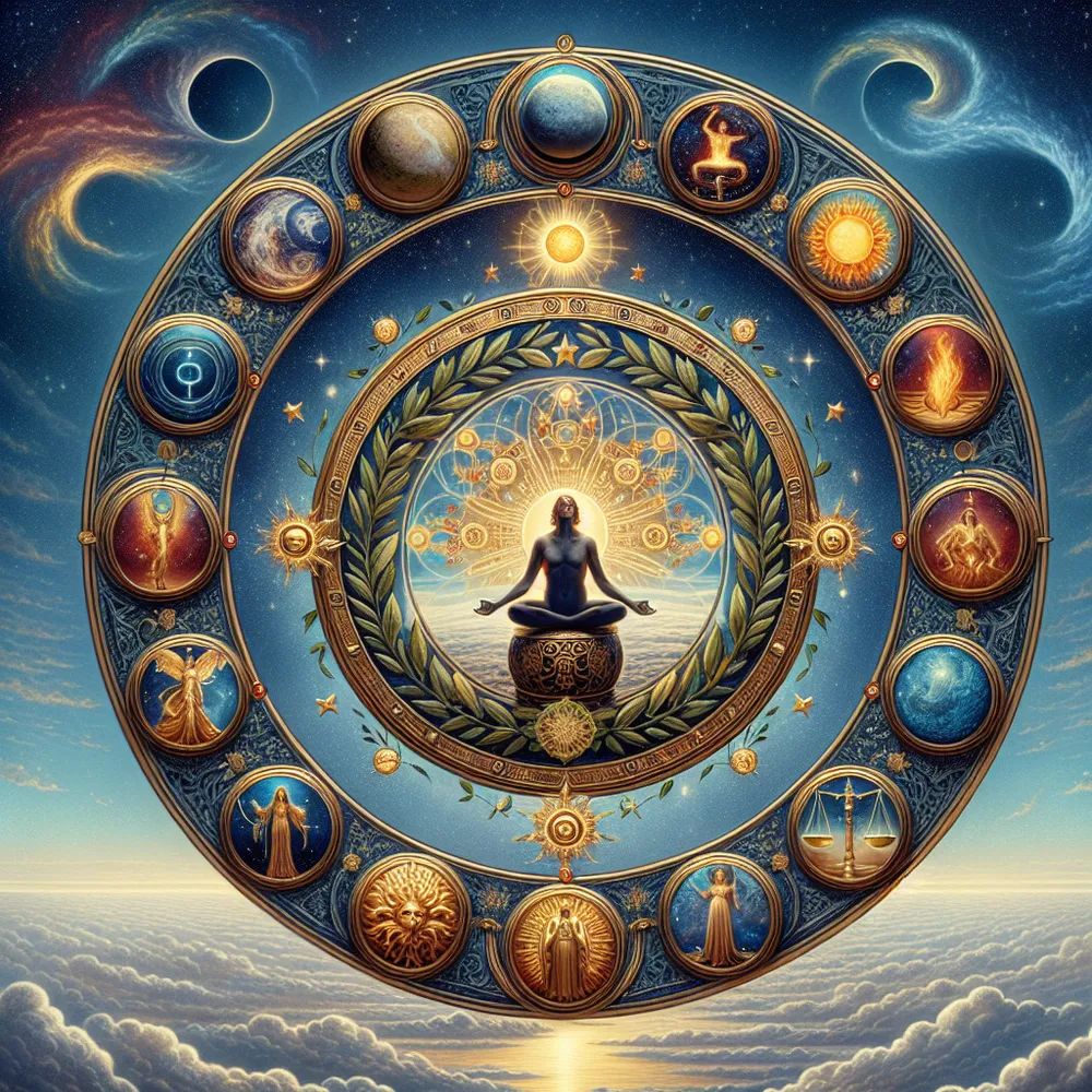 Create an image capturing the essence of The World tarot card. Depict a central figure, serene and wise, encircled by a laurel wreath symbolizing completion and harmony. Include elements representing the four elements: earth, air, fire, and water, each placed in the four corners as celestial beings. The background should merge into a vast universe, reflecting interconnectedness and unity. Infuse warmth and balance, embodying a sense of accomplishment and the beginning of a new journey, all while highlighting a stoic, contemplative atmosphere.