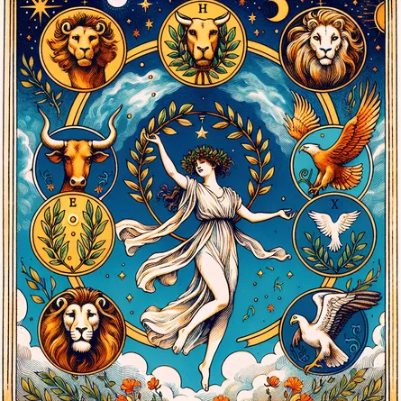 Illustrate The World tarot card featuring a harmonious balance of elements. At the center, a figure dances gracefully, encircled by a laurel wreath representing completion and victory. The four corners each depict one of the symbolic creatures: lion, bull, eagle, and human, reflecting the cardinal signs and universal unity. The background should be a vibrant tapestry of earth tones and celestial blues, conveying themes of fulfillment, wholeness, and interconnectedness in a dreamlike, mystical style.