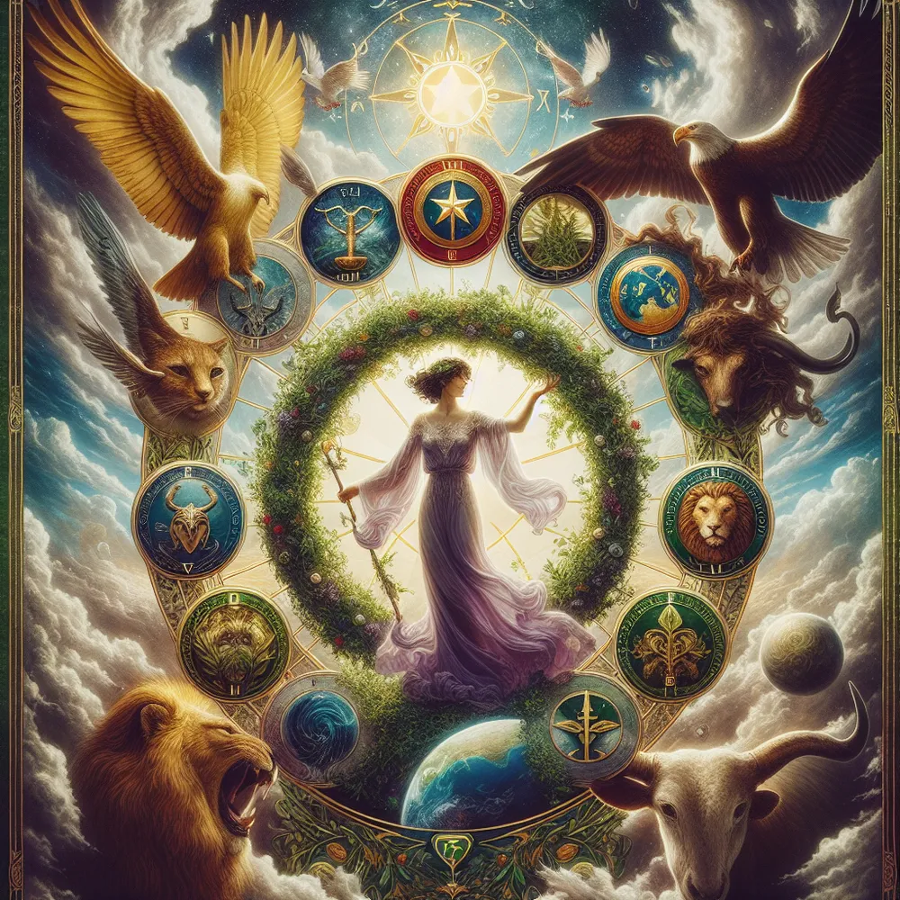 Create an image representing the tarot card 'The World'. Illustrate a harmonious and complete scene showing a figure encircled by a wreath, symbolizing unity and accomplishment. Include elements like the four cardinal points: an angel, an eagle, a bull, and a lion, which represent the four fixed signs of the zodiac. The figure should be poised gracefully, exuding a sense of fulfillment and balance, with a backdrop that incorporates elements of Earth, sky, and nature to convey a sense of wholeness and interconnectedness. The scene should have a mystical, ethereal quality, with rich, vibrant colors depicting the cyclical nature of life.