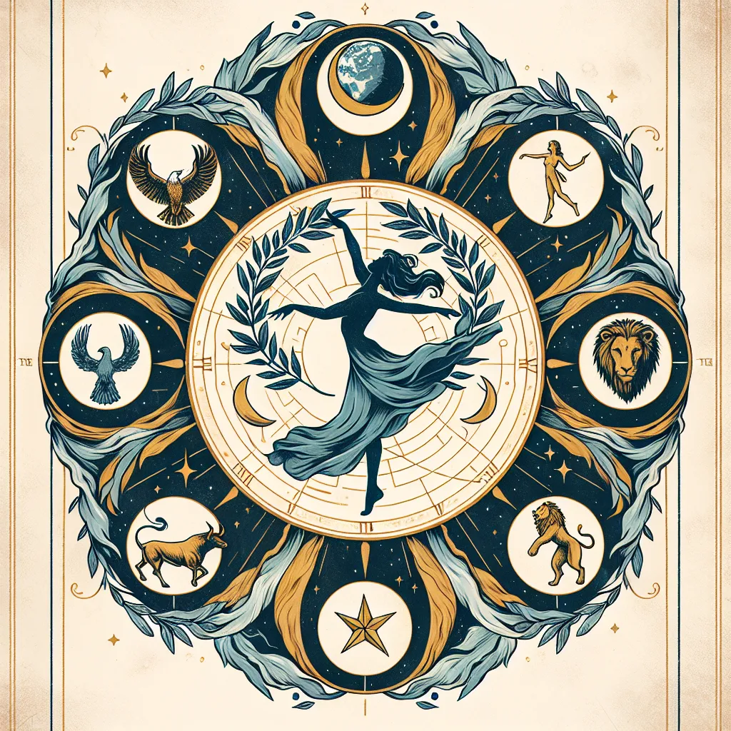 Create an illustration of 'The World' tarot card. Depict a figure dancing gracefully at the center of a laurel wreath, symbolizing victory and fulfillment. Surround the figure with elements representing the four corners of the world: an eagle, a bull, a lion, and a human figure. Use a harmonious blend of earth tones and celestial blues to convey a sense of completion and cosmic unity. The image should evoke feelings of balance, celebration, and the convergence of all elements.