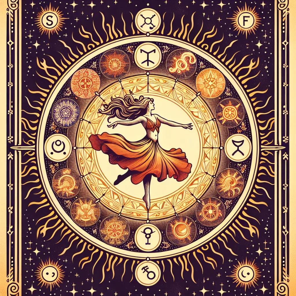 Create an illustration of 'The World' tarot card displaying a graceful figure dancing inside a radiant mandala of the four key elements: earth, water, air, and fire. The figure epitomizes peace and completion, circled by symbols representative of the zodiac signs in the backdrop. Let the image employ warm, lavish colors in order to emanate a sensation of fulfillment and unity.
