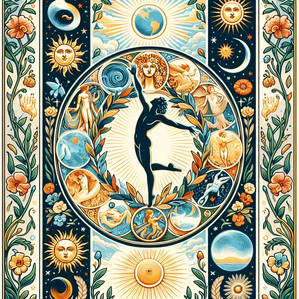 Create an illustration of a tarot card featuring 'The World': a figure gracefully poised at the center with a wreath encircling them, symbolizing unity and completion. The background should depict the four classical elements—earth, air, fire, and water—in harmony around the figure. Include celestial imagery like the sun and stars to represent universal connection. The style should be a blend of classical tarot art and modern elegance, with vibrant colors highlighting the sense of fulfillment and wholeness.