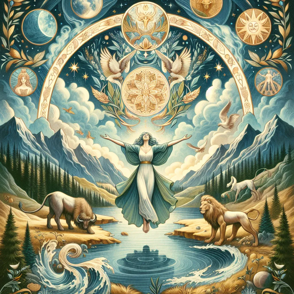 Create an image of an ethereal, celestial landscape representing the concept of 'The World' tarot card. In the scene, a harmonious blend of earth elements such as mountains, rivers, forests, and stars is depicted, symbolizing the completion and unity of all life. In the center, a figure stands gracefully with arms open wide, encircled by a wreath, showcasing a sense of achievement and fulfillment. The figure is surrounded by symbols of the four elements: earth, air, fire, and water, each element manifesting in forms like a lion, bull, eagle, and angel. The overall tone is serene and celebratory, with a color palette that combines rich blues, greens, and golden hues.