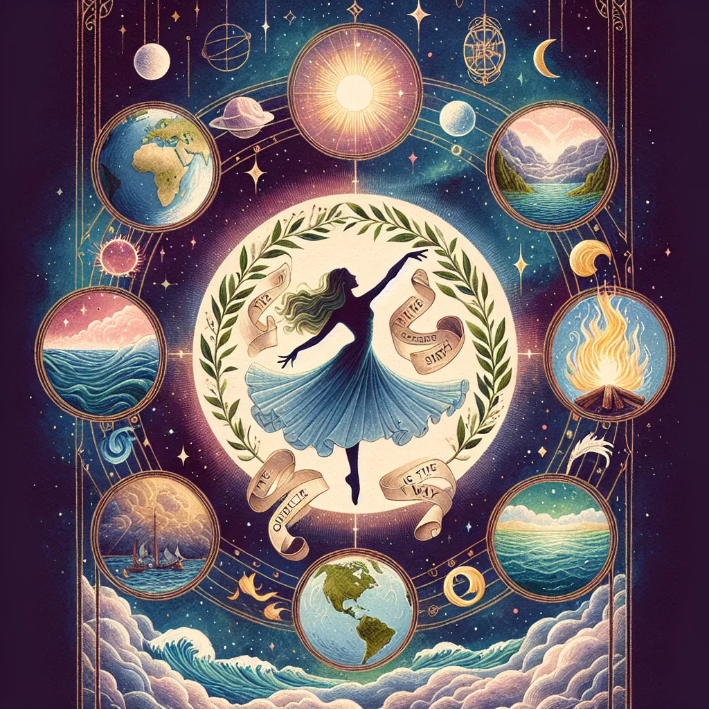 Create an illustration of The World tarot card featuring a graceful dancer encircled by a wreath against a cosmic backdrop. Incorporate elements of earth, water, fire, and air, symbolizing harmony and unity. Add a subtle nod to stoic philosophy with a scroll bearing the quote 'The obstacle is the way,' woven into the wreath. The scene should convey a sense of completion, wholeness, and the cyclical nature of life, with an atmosphere of tranquility and fulfillment.