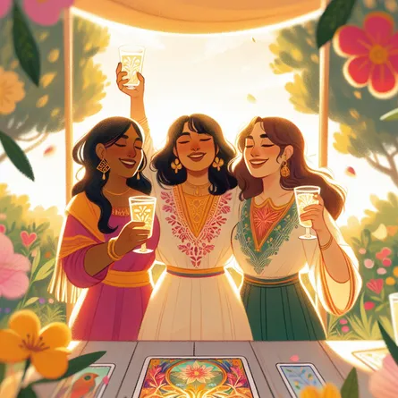 Create an illustration of three women joyously celebrating in a garden setting, each holding a cup raised in a toast. To depict diversity, one woman is South Asian, another is Hispanic, and the third is Caucasian. Include vibrant colors like gold, red, and green to reflect a sense of harmony and celebration. The scene should evoke a sense of unity and friendship, with soft sunlight filtering through trees and flowers blooming around them, capturing the essence of community and joyous connection in the style of traditional tarot card art.