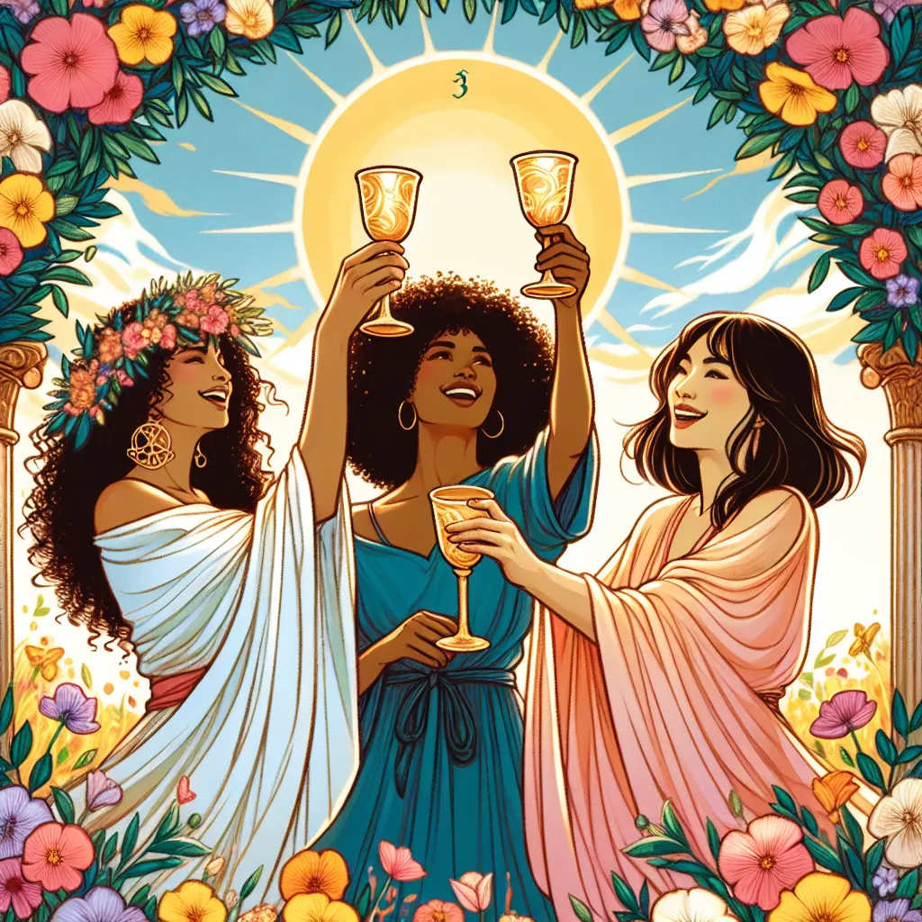 Create an image of three joyful women with diverse backgrounds, one black, one white, and one Asian, wearing flowing garments, engaged in a vibrant outdoor celebration under a lush, blooming archway. They raise golden goblets in a cheerful toast, surrounded by colorful flowers and warm sunlight, symbolizing unity and friendship, as inspired by the classic tarot imagery of the Three of Cups.