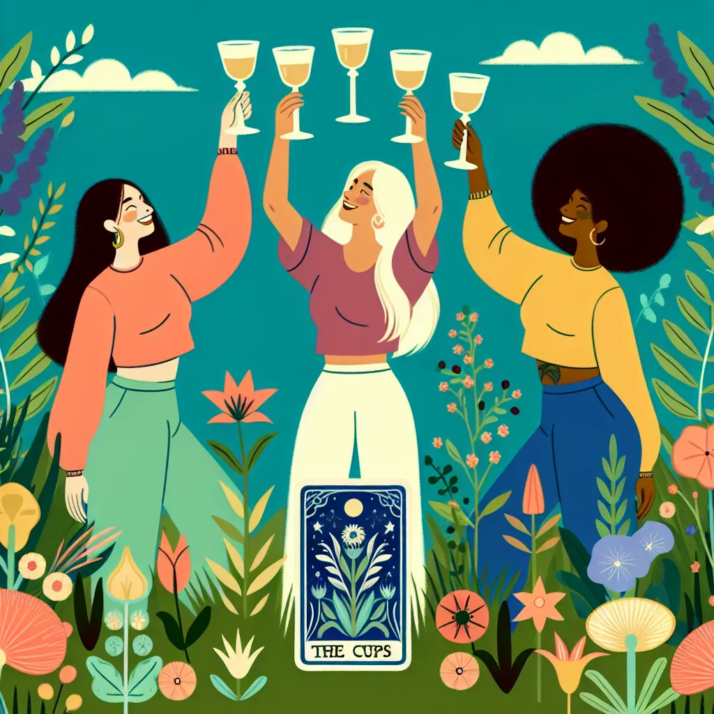 Create an illustration of three joyous women celebrating outdoors, displaying symbolism of the Three of Cups tarot card. One Caucasian woman, one Hispanic woman, and one Black woman raise their goblets in a toast, surrounded lush greenery and vibrant flowers, under a clear blue sky. The scene conveys a sense of community, friendship, and shared happiness, with a warm, inviting color palette.