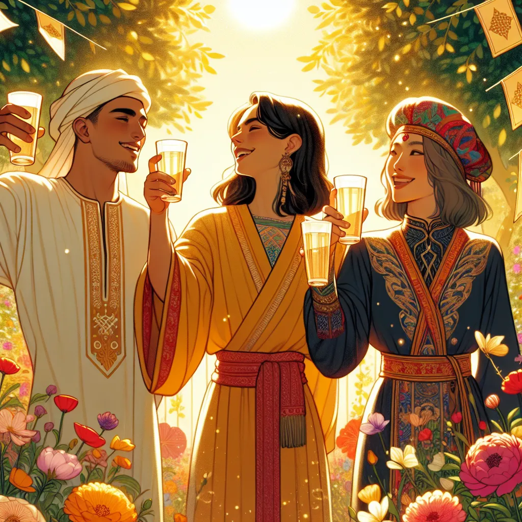 Create an illustration of three joyful figures in a lush garden setting, raising their cups in a toast. The first figure is a Middle-Eastern man wearing traditional attire, the second figure is a Caucasian woman dressed in contemporary fashion and the third figure is an Asian woman wearing an ensemble that showcases her heritage. Each figure has a unique style, reflecting diverse ethnicities and unity. They're surrounded by vibrant flowers, and soft, golden sunlight filters through the trees, casting a warm glow over the scene. The atmosphere is one of celebration, harmony, and friendship, evoking the essence of the Three of Cups tarot card.