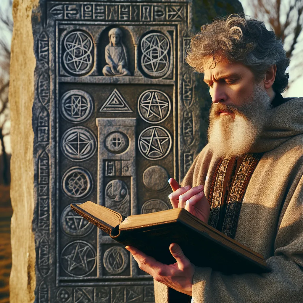 A Stoic philosopher of Caucasian descent, dressed in traditional robes, is deeply involved in teaching. He stands outdoors in front of a large, ancient stone that boasts ornate engravings. This stone is intricately embellished with symbols that represent the Three of Pentacles, Eight of Wands, and Temperance tarot cards. The entire scene is bathed in the soft, warm glow of a waning winter sun.