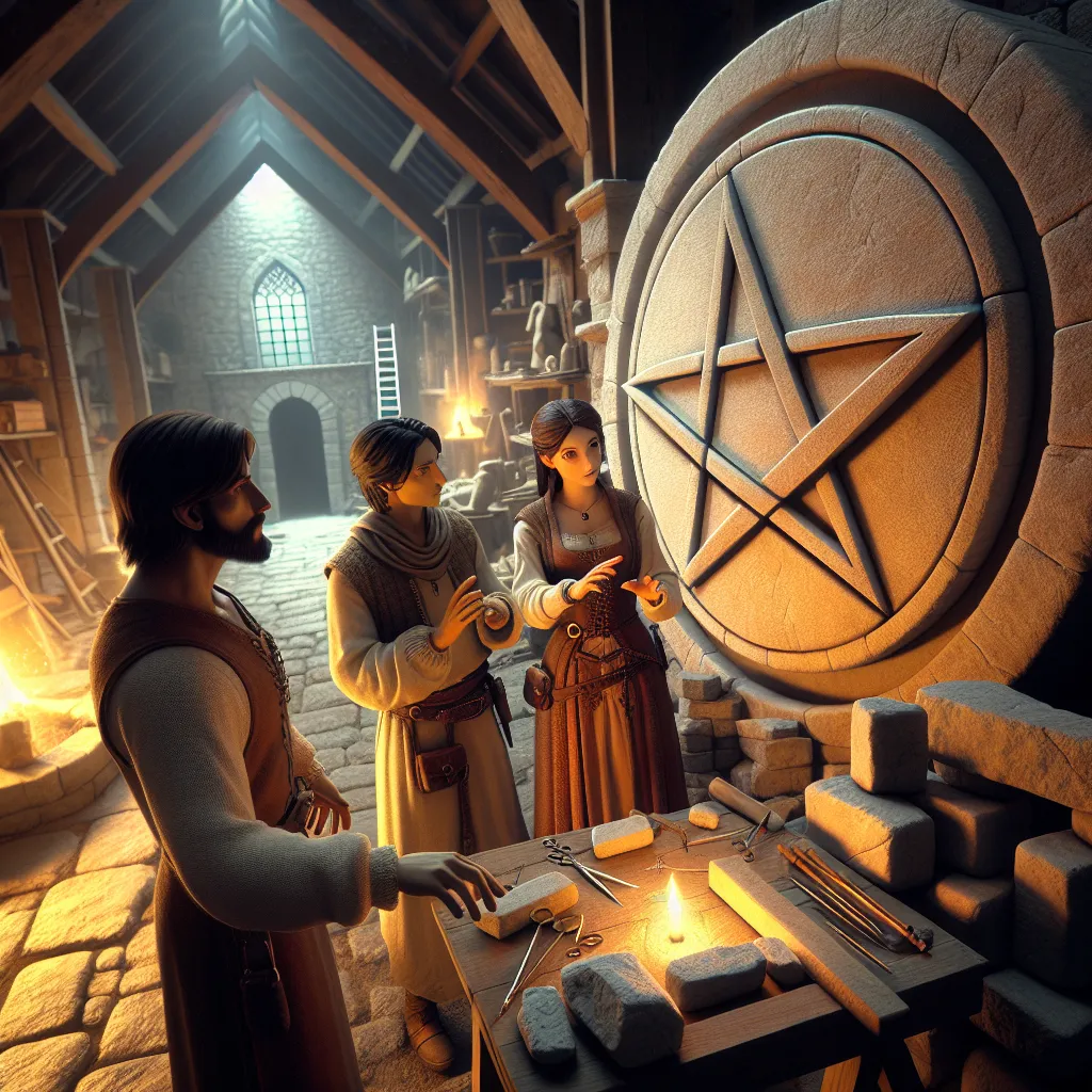 Create a detailed scene showing three pentacles embedded in a stone wall of a medieval workshop. The atmosphere should be illuminated by the warm glow from a craftsman's fireplace. Foreground of the scene should present a Caucasian female stonemason, a Middle-Eastern male architect, and an Asian female patron. They are all engrossed in a discussion, gesturing towards the pentacles. The entire composition should give off the vibe of teamwork and progress.