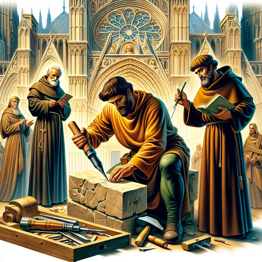 A detailed illustration of a master craftsman working on a grand cathedral, surrounded by a monk and a nobleman. The craftsman is chiseling a stone block, embodying collaboration and skill. The monk and nobleman stand nearby, offering insight and guidance. The background should showcase the intricate architecture of the cathedral, symbolizing teamwork and the harmony of combined efforts. The scene is set in a classical, historical style with vibrant, yet earthy colors to enhance the depth and life of the scene.
