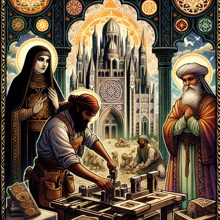 An artistic interpretation of the Three of Pentacles tarot card: a stonemason of Middle-Eastern descent working diligently on an elaborate cathedral, watched over by a Hispanic monk and a South Asian noblewoman. The scene is set in a medieval village, with intricate gothic architecture and symbols of collaboration and craftsmanship. The colours are rich and earthy, emphasizing connection and shared purpose, with a sense of harmony resonating throughout the image.