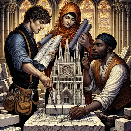 An intricately detailed illustration of the Three of Pentacles tarot card, showcasing three individuals of diverse descents - a Caucasian man holding blueprints, a Middle Easterna lady chiseling stone, and a Black man offering guidance. They work harmoniously together on a large stone cathedral. The scene captures the essence of collaboration and craftsmanship. Gothic architecture and stained glass windows provide a backdrop, with rich, warm tones conveying a sense of skill, dedication, and unity. The expressions on their faces show focus and mutual respect, symbolizing teamwork in achieving a shared vision.